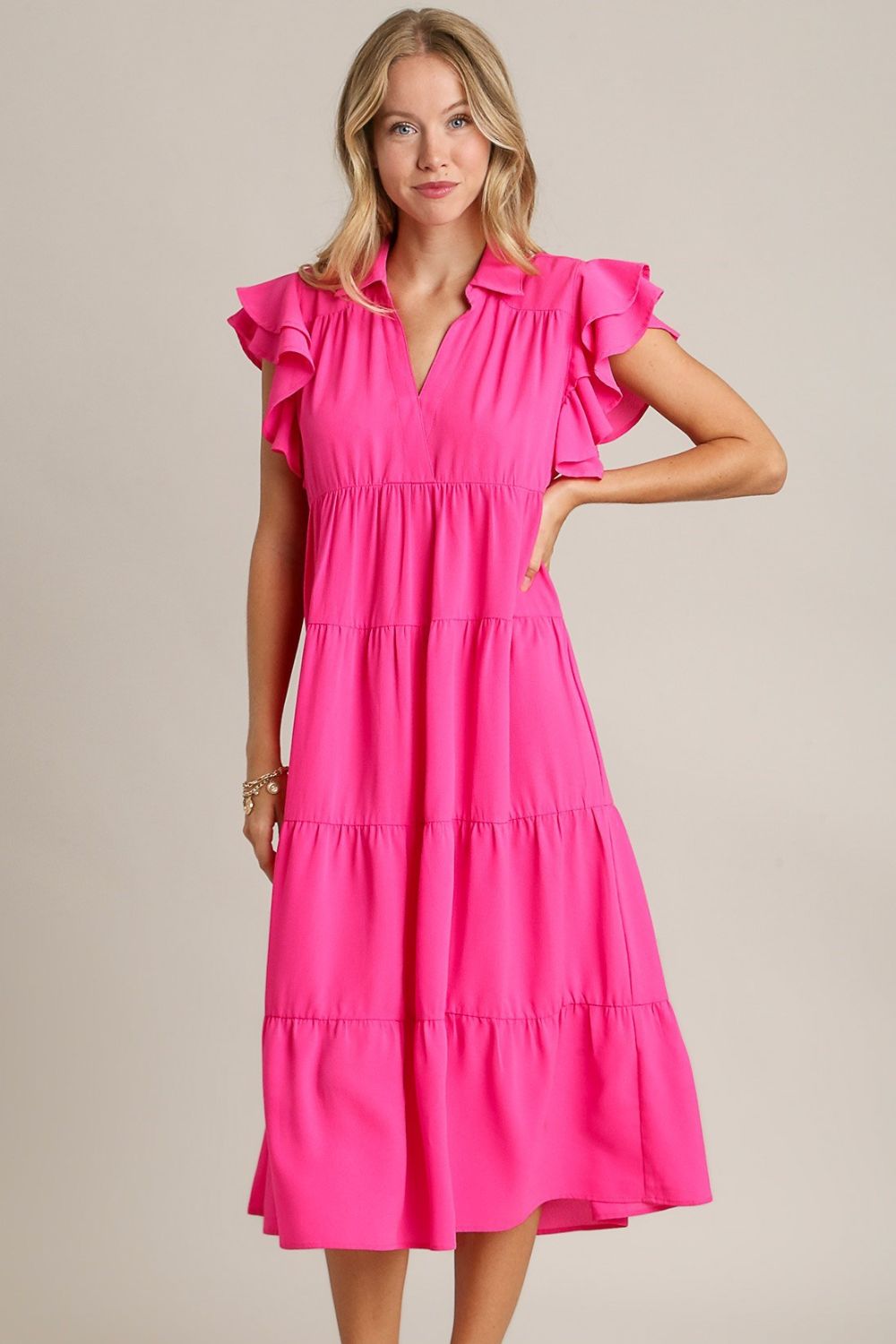 Umgee Full Size Johnny Collar Ruffle Cap Sleeve Tiered Dress