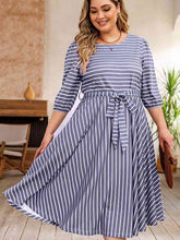 Load image into Gallery viewer, Plus Size Round Neck Striped Tie Waist Dress