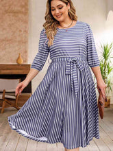 Load image into Gallery viewer, Plus Size Round Neck Striped Tie Waist Dress