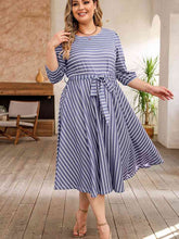 Load image into Gallery viewer, Plus Size Round Neck Striped Tie Waist Dress