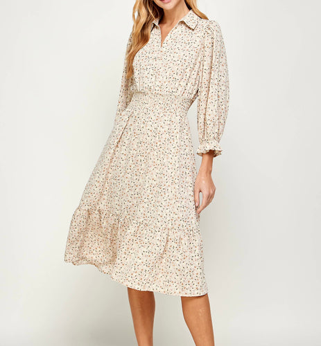 Cream Smocked Waist Shirt Dress