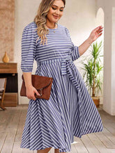 Load image into Gallery viewer, Plus Size Round Neck Striped Tie Waist Dress